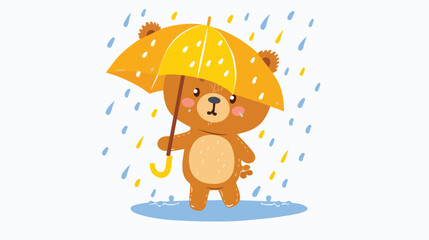 Cute bear with umbrella in rainy weather. Funny teddy