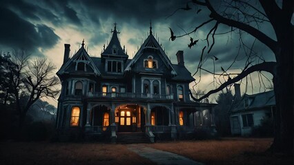 A spooky Halloween-themed manor with glowing orange windows, set against a dark and stormy sky. The eerie atmosphere and gothic architecture make it perfect for a haunted night.