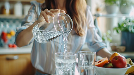 Woman pouring purified water into glass from filter juice