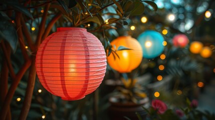 Obraz premium garden party decorations, colorful paper lanterns suspended from a tree, twinkling with fairy lights, create a magical summer evening ambiance in the garden