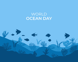 World oceans day design with underwater ocean, shark, coral, sea plants, stingray and turtle. 8 June world ocean day banner, poster and card. jpeg format.