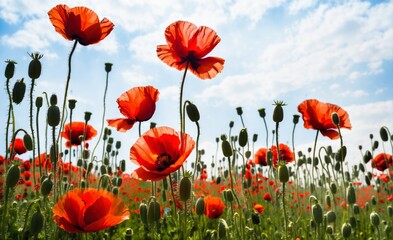 Fototapeta premium Red poppies in a field against blue sky