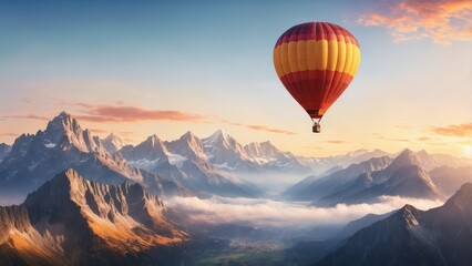 Hot air balloon flying over mountains