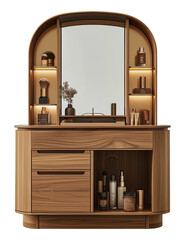 Elegant wooden vanity with cosmetics and mirror, cut out - stock png.