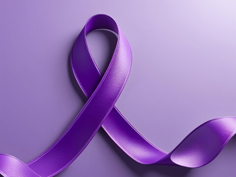 3D-rendered awareness ribbon in shades of purple on solid background