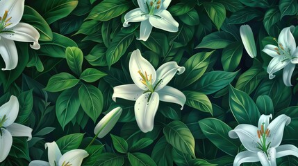Fototapeta premium Background of green leaves and white lily flowers. Juicy bright foliage.The texture of large leaves and buds. Beauty is in nature.