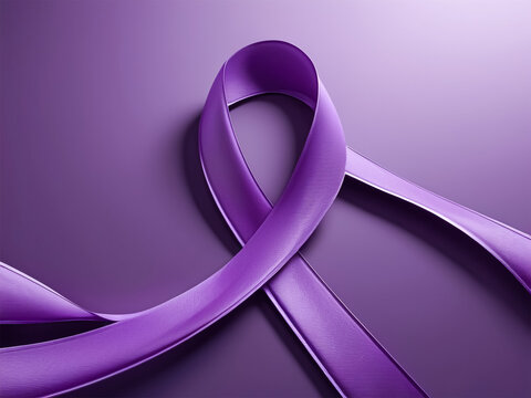 3D-rendered awareness ribbon in shades of purple on solid background