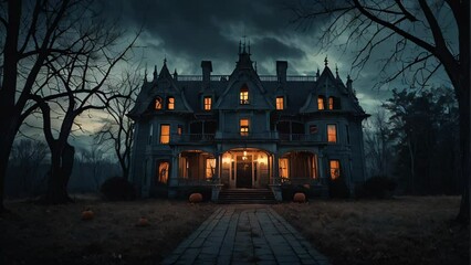 A spooky Halloween-themed manor with glowing orange windows, set against a dark and stormy sky. The eerie atmosphere and gothic architecture make it perfect for a haunted night.