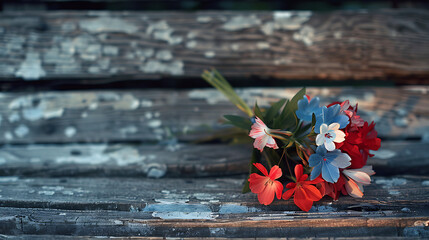 Memorial Day flower bouquet on a wooden bench