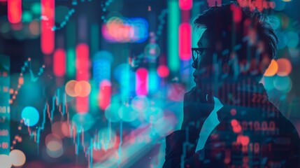 Double exposure businessman and stock market or forex graph suitable for financial investment concept. Economy trends background for business idea and all art work design. Abstract finance background.