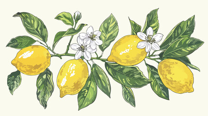 Detailed drawing of lemon plant branch with flowers