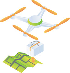 Drone flies with delivery box and location map