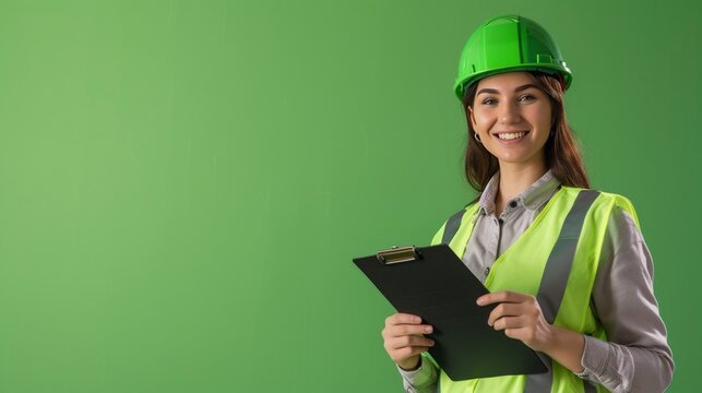 smiling female engineer, holding clipboard, green safety helmet and vest, plain green background - Powered by Adobe