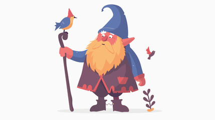 Cute gnome sorcerer with cane and bird. Fairytale bea