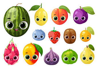 Set of cute fruits on a white background. Cartoon style.
