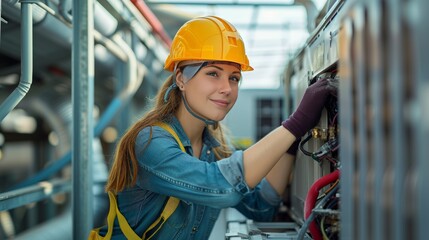 beautiful woman engineer repair chiller on roof 