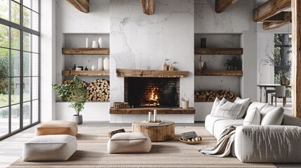 Sleek Nordic living room with fireplace, white walls, and wooden accents