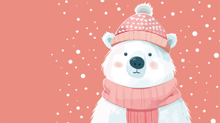 Cute polar bear in hat and sweater on pink background