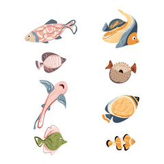 Beautiful tropical sea fish. Fish template for logo, print, notepad, poster, banner. Vector illustration in modern flat style.