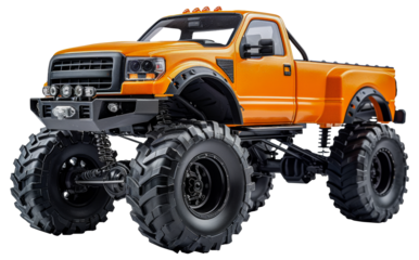 Orange monster truck with oversized tires, cut out - stock png.