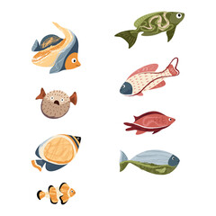 Beautiful tropical sea fish. Fish template for logo, print, notepad, poster, banner. Vector illustration in modern flat style.