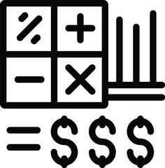 Financial mathematics concept icon with calculator, chart, and currency symbols for finance, analysis, budgeting, investment, banking, and accounting purposes