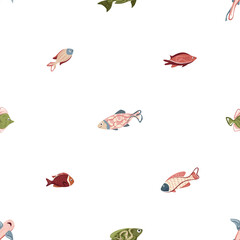Beautiful sea fish, sea world. Seamless pattern for prints. Vector illustration in flat modern style.