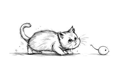 Drawing of funny cat hunting and catching mouse