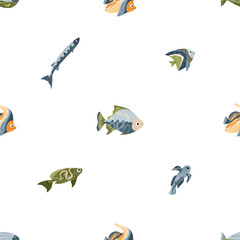 Beautiful sea fish, sea world. Seamless pattern for prints. Vector illustration in flat modern style.