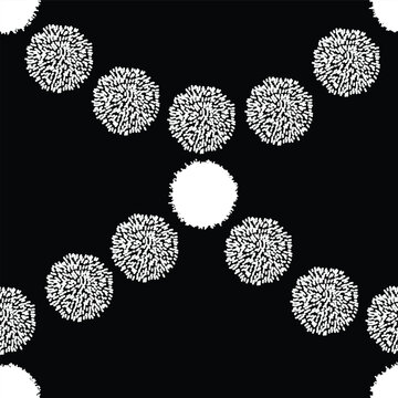 Black and white pompom polka dots garland on black background, vector seamless pattern perfect for wallpaper. Art Deco style. 