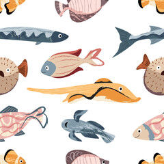Beautiful sea fish, sea world. Seamless pattern for prints. Vector illustration in flat modern style.
