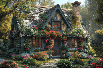 Fototapeta premium A charming English cottage with ivy-covered walls, quaint garden with colorful flowers, traditional thatched roof, and a cozy fireplace visible through an open window.