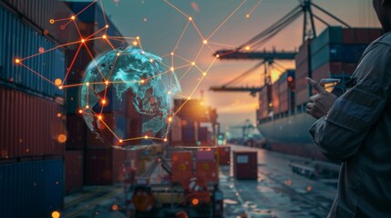 Double of engineer point to globe simulation with line connect to country with transportation shipment check for control loading containers box from Cargo freight ship for import and export