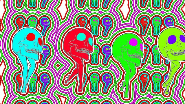 Seamless animation psychedelic walking skulls painted drawn style cartoon. Hypnotic Halloween background with wave with marker stroke effect 