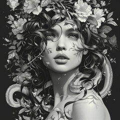Fototapeta premium AI generated illustration of a monochrome painting of a woman wearing a floral headdress
