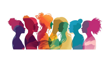 Colorful profile silhouette of diverse women. Multi-ethnic Women's Day concept