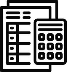 Black outline icon of a document and calculator, symbolizing accounting and financial tasks