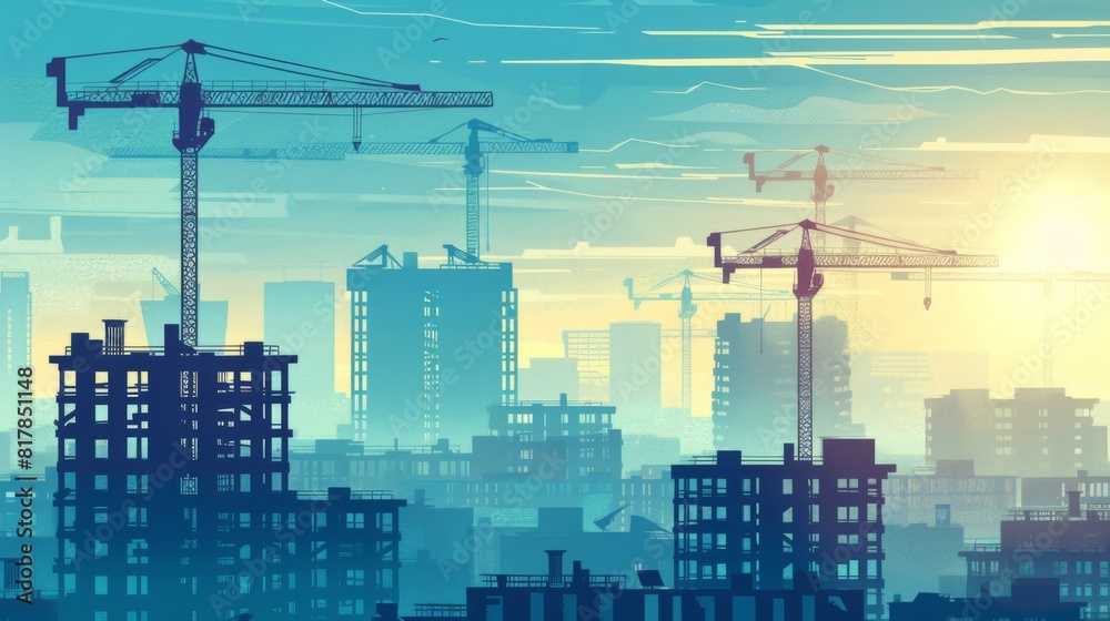 Poster engineer workers on background of construction cranes on background.