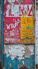 Obraz premium grunge ripped torn placard posters background in white, pink, blue and yellow colors