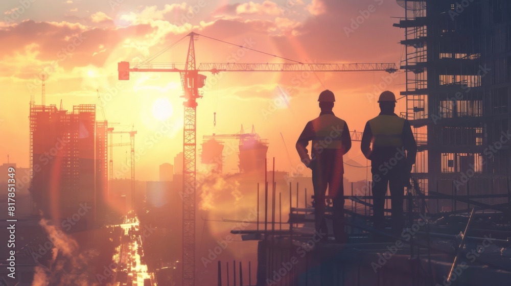 Poster engineer workers on background of construction cranes on background.