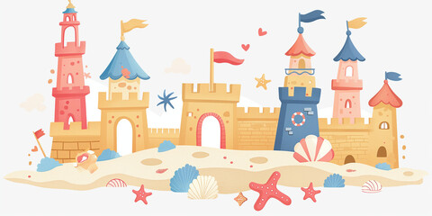 Colorful Sandcastle Illustration on Beach with Seashells and Starfish