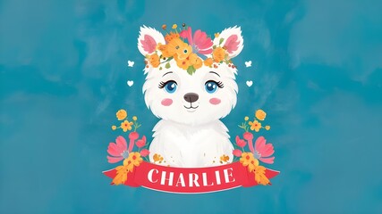 Fototapeta premium Cute Llama with Blue Eyes and Floral Charlie Name