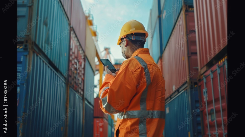 Aufkleber Foreman wearing a safety suit is controlling the movement of goods in the container by using radio communication. Engineers are using mobile phones in the port of loading goods.
