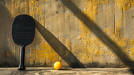 A pickleball with a paddle leaning against a textured wall 