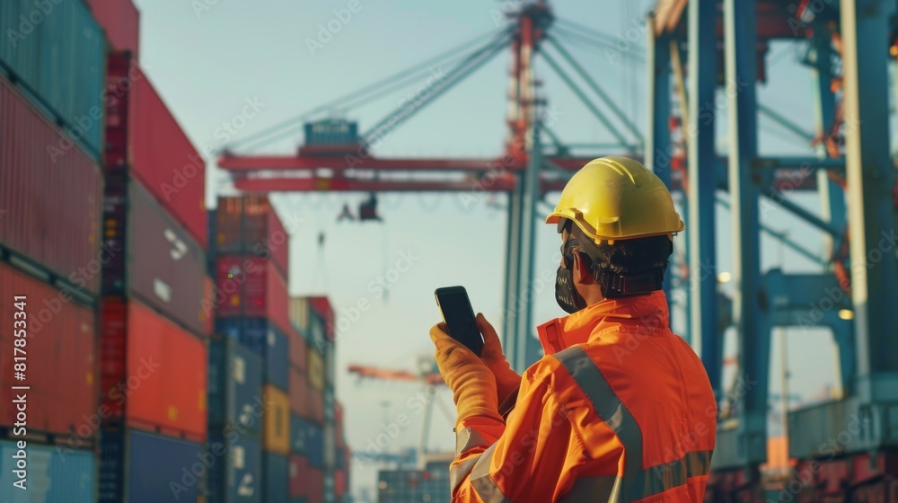 Aufkleber Foreman wearing a safety suit is controlling the movement of goods in the container by using radio communication. Engineers are using mobile phones in the port of loading goods.