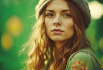 Naklejka premium portrait of young women with hippie style, isolated light green background 