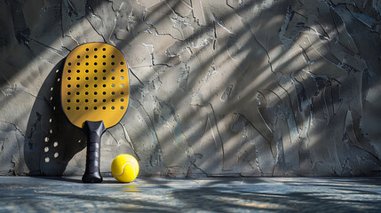 A pickleball with a paddle leaning against a textured wall 