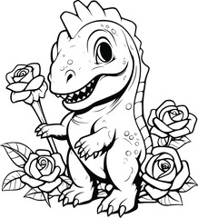 Dinosaur With A Flower Coloring Page For Kids