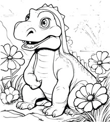 Dinosaur With A Flower Coloring Page For Kids