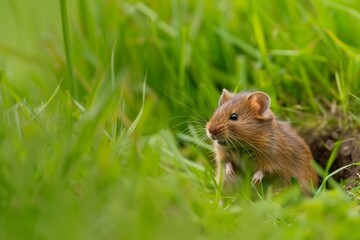 Close-up of a small brown mouse peeking out from green grass, with vibrant blurred greenery in the background.